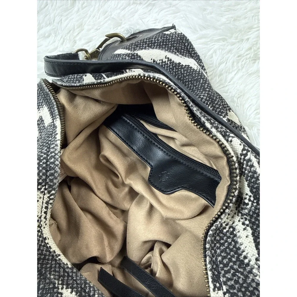 Lucky Brand Bali Hai Black White Canvas Hobo Shoulder Bag Boho Ikat Zip